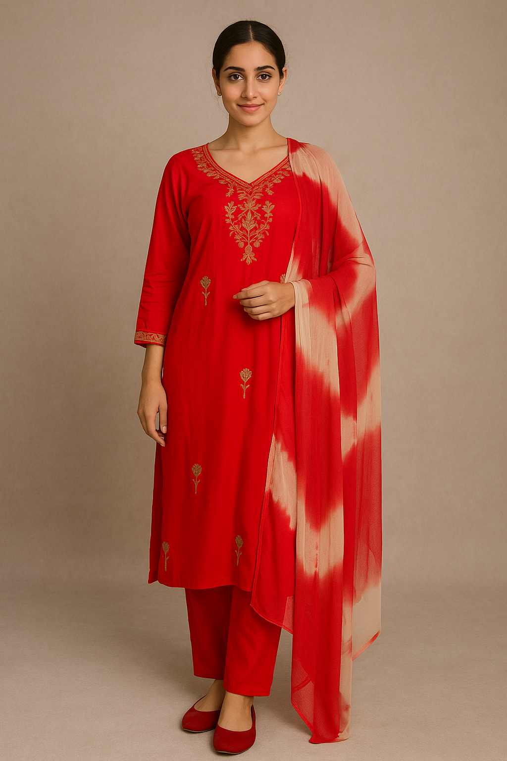 Red suit with flower